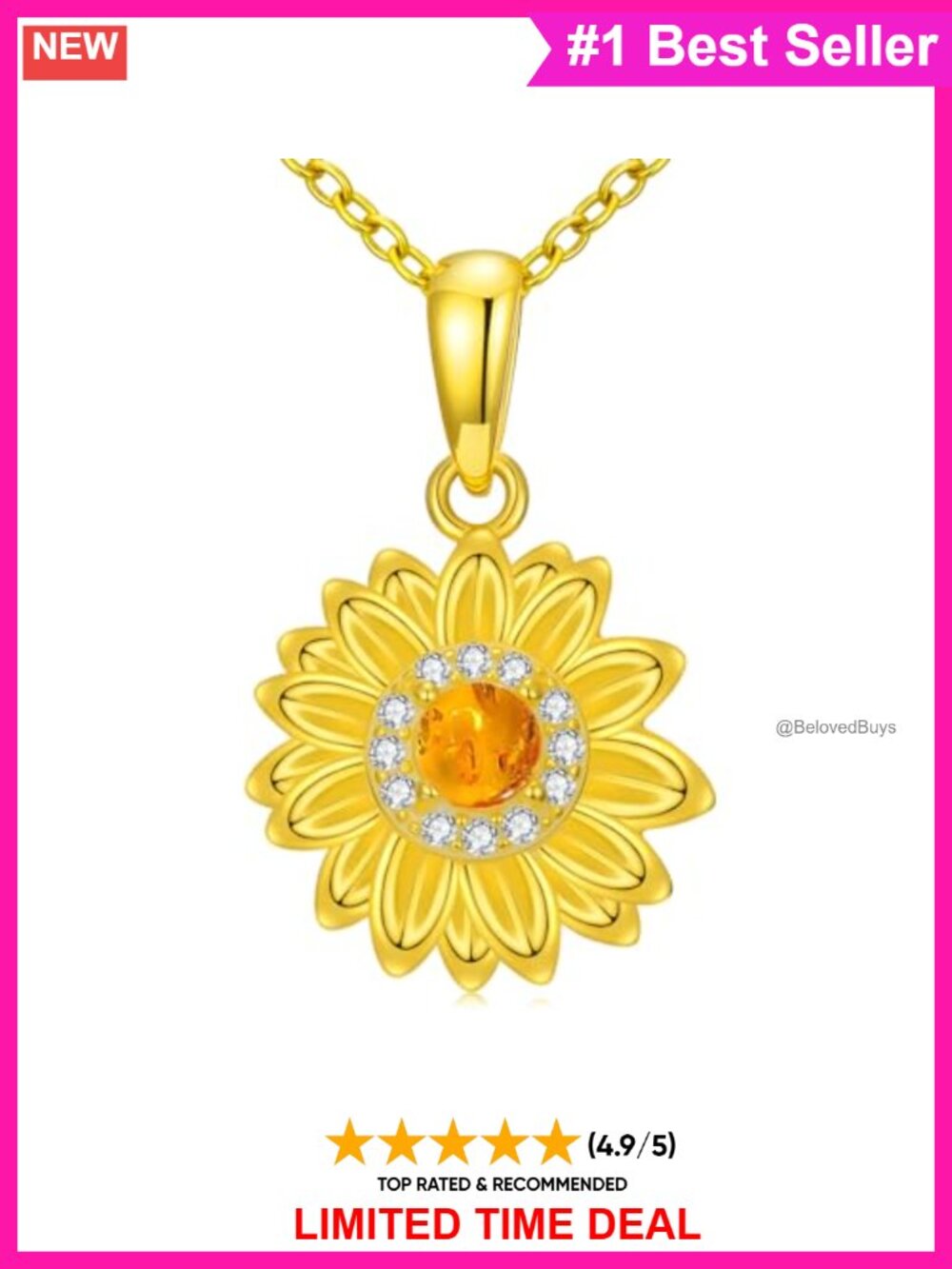 Genuine Amber Sunflower Pendant Necklace 18K Gold Plated 925 Sterling Silver